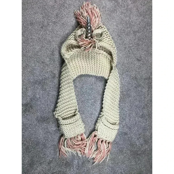 Unicorn Knit Hat Scarf Pockets Gloves Ivory Pink Silver Handmade Adult - Picture 4 of 9